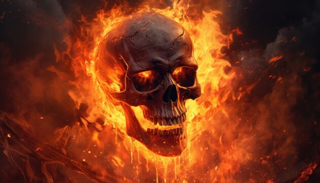 Burning skull with fire and flames