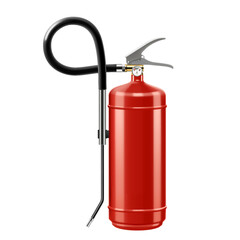 Obraz premium Wet Chemical Fire Extinguisher. Alarm signs, wet chemical co2. Red cylinder with spray hose. Portable fire extinguishing equipment. Realistic 3d vector illustration isolated on white background