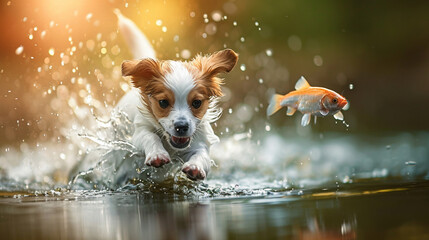 A little dog catching fish in the water
