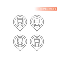 Bus and train station line vector icons. Subway and location map pin icon set.