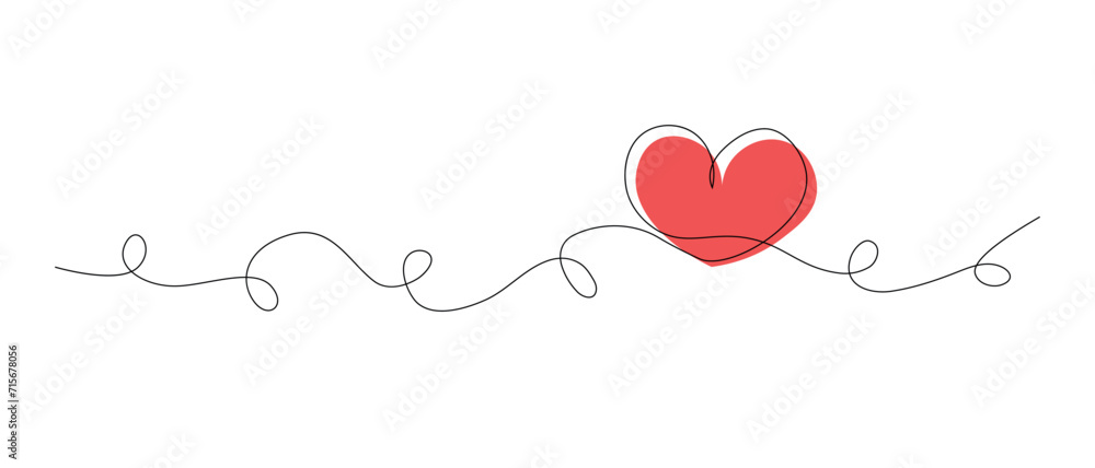 Poster drawing with one line, one continuous drawing with a cute simple round garland with a heart. red hea