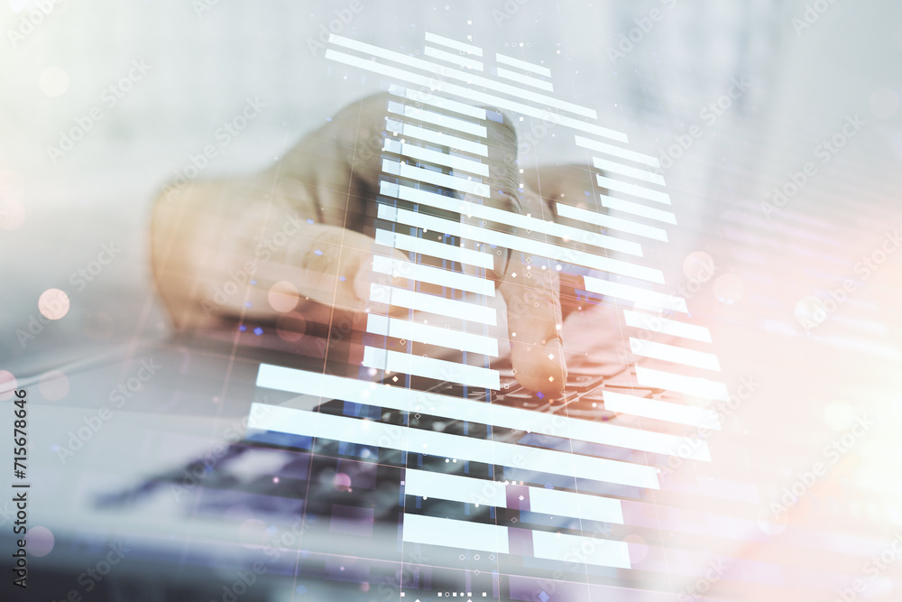 Poster double exposure of creative bitcoin symbol hologram with hands typing on computer keyboard on backgr