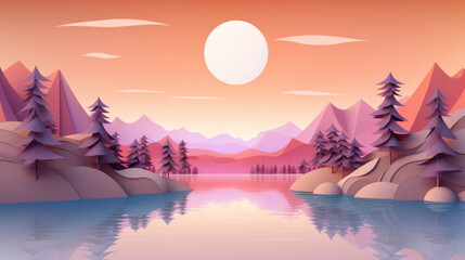A lot of Background Copy space,  A serene lake reflecting the vibrant sunset made in paper cut craft