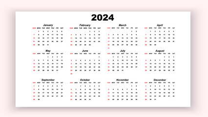 Year 2024 colorful calendar on white background. Vector template. Week starts on Sunday. Desktop planner in simple clean style. English vector calendar layout.