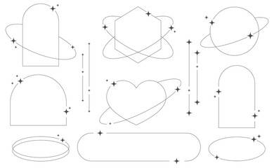 Set of geometric aesthetic abstract line frames and shapes with stars boho, brutalism, Y2K style. Geometric elements with sparkles for template design social media, poster, banner, logo, stickers