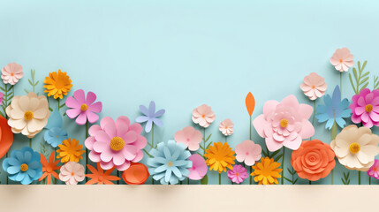 A lot of Background Copy space,  A field of wildflowers in various colors made in paper cut craft