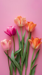 Fototapeta premium Eco friendly orange and pink tulips on a pastel pink background. Perfect for Valentine's Day, Mother's Day, or a flower shop banner. Green ethical growing. Copy space available.
