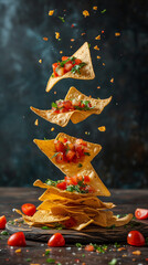 Mexican nachos chips flying or falling dowith assorted vegetable, tomatoes, chili, lime, and herbs – on a stone table. Banner with copy space. Cinco de Mayo Snack.