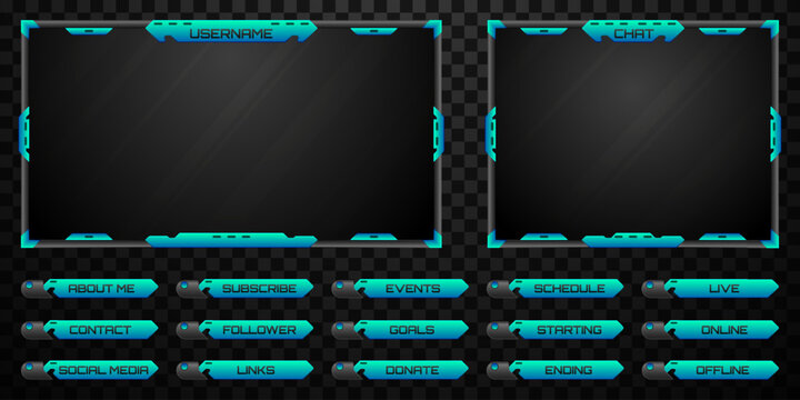 Live Stream Overlay Futuristic Black and Neon Blue Border Webcam Screen Frame and Stream Alert GUI Panels for Gaming and Video Streaming Platforms