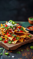 Mexican nachos chips with assorted sauces – guacamole, tomato salsa, chili, lime, and sour cream – on a stone table. Flat-lay, top view banner with copy space. Cinco de Mayo Snack.