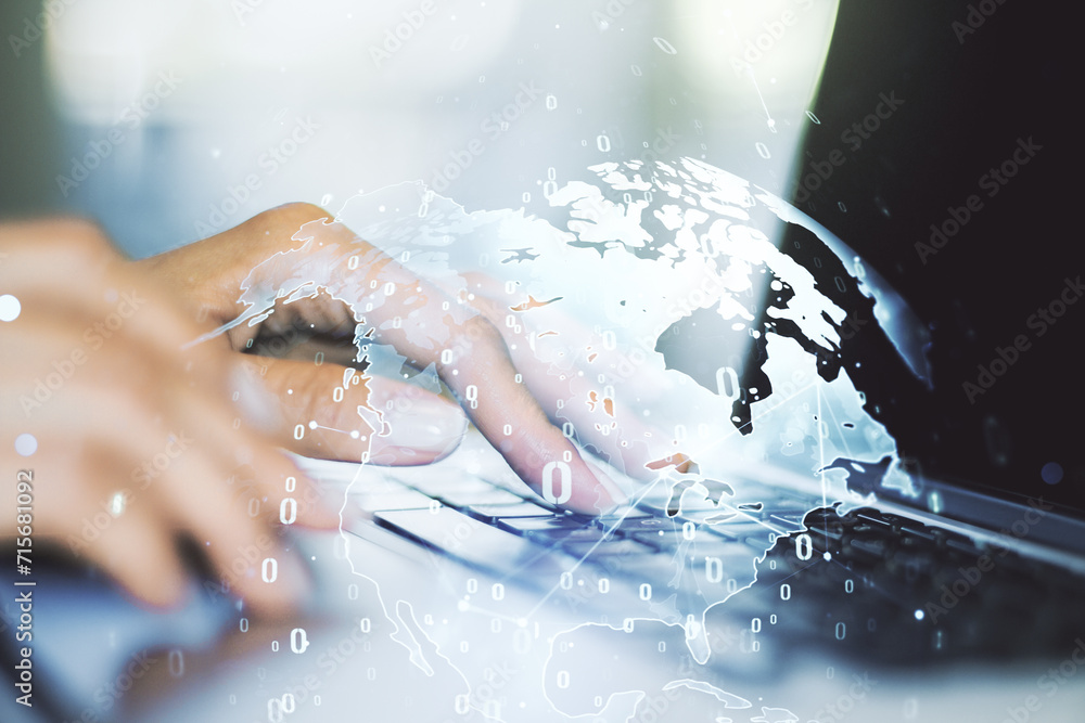 Poster double exposure of abstract programming language hologram with world map and hands typing on laptop 
