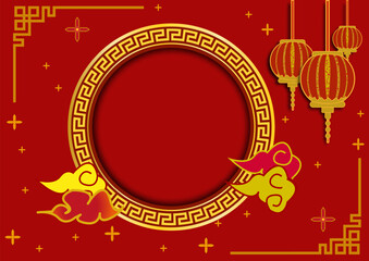 Elegant Chinese New Year 2024 background with red background and gold hoop decorations, lanterns, ornaments and flowers