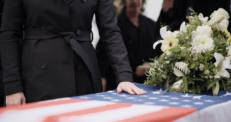 USA veteran funeral, woman and casket with touch, sad family and flag for mourning, depression and...