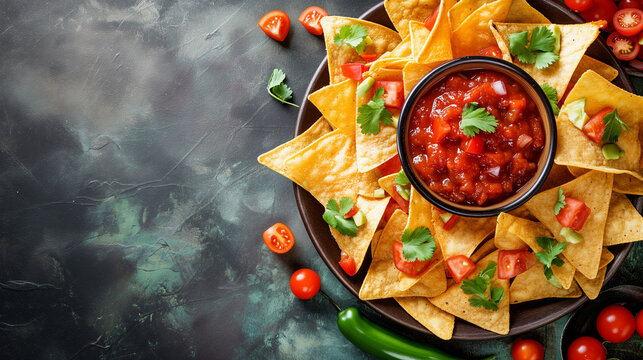 Mexican nachos chips with assorted sauces &ndash; guacamole, tomato salsa, chili, lime, and sour cream &ndash; on a stone table. Flat-lay, top view banner with copy space. Cinco de Mayo Snack.