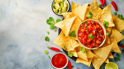 Mexican nachos chips with assorted sauces – guacamole, tomato salsa, chili, lime, and sour cream – on a stone table. Flat-lay, top view banner with copy space. Cinco de Mayo Snack.