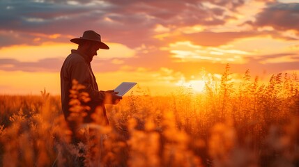 person in the sunset, a man in a hat is holding a tablet in a field of grass and a sunset behind him