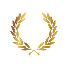 Gold Laurel Wreath Icon. Vector Flat illustrationisolated on white. Winner label made of twigs with green leaves. Victory logo. First place, award icon - obrazy, fototapety, plakaty