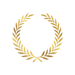 Fototapeta na wymiar Gold Laurel Wreath Icon. Vector Flat illustrationisolated on white. Winner label made of twigs with green leaves. Victory logo. First place, award icon