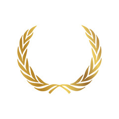 Gold Laurel Wreath Icon. Vector Flat illustrationisolated on white. Winner label made of twigs with green leaves. Victory logo. First place, award icon