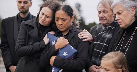 Sad, family and funeral with comfort, woman and support with compassion, empathy and depression....