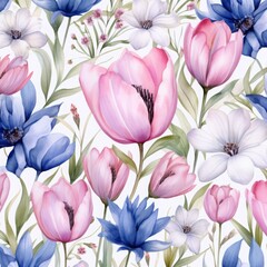 Watercolor pattern of tulips and wildflowers on luxurious pastel background, print, fabric, silk.