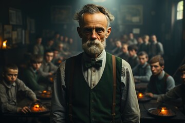 A dapper gentleman exudes elegance and charm as he gazes into the flickering light of a candle, his bow tie and suspenders adding a touch of sophistication to his dark attire