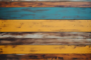 Dynamic geometric patterns in teal and mustard stripes on a wooden canvas, offering an energetic flat lay with text space.