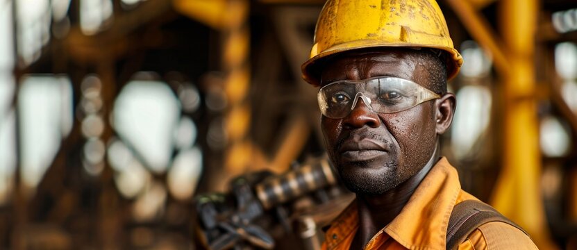 A determined blue-collar worker, donning a yellow hard hat and goggles, bravely faces the challenges of outdoor labor while sporting his trusty helmet and workwear