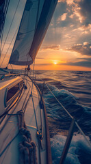 A sailboat sails on the ocean in the sunset