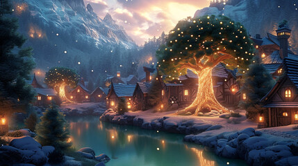 Winterwunderland mit beleuchtetem Baum. - obrazy, fototapety, plakaty