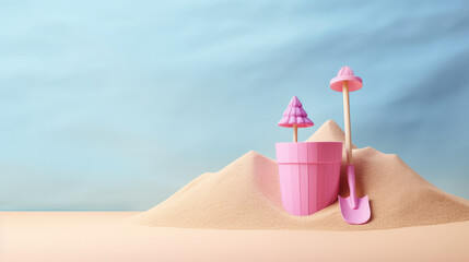 A lot of Background Copy space,  A bucket and spade for building sandcastles made in paper cut craft - obrazy, fototapety, plakaty