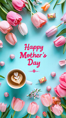 Happy Mother's Day inscription on a colored background, flowers, cup of coffee, candy, top view, layout, postcard, holiday, congratulation, lettering, bouquet, nature, breakfast