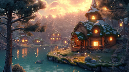 Märchenhaftes Dorf im Winter an einem kleinen See.