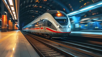 Modern train at high speed. Copy space for text.