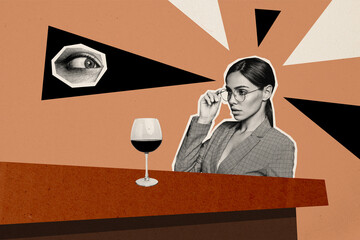 Creative poster collage of pretty businesswoman manager bar enjoy friday wine glass party weird...