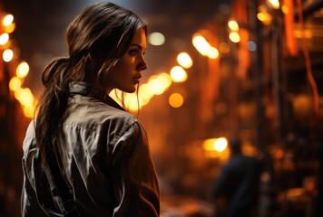 A woman stands alone on a dark street, her face illuminated by the city lights, her clothing blending with the night as she gazes confidently into the camera