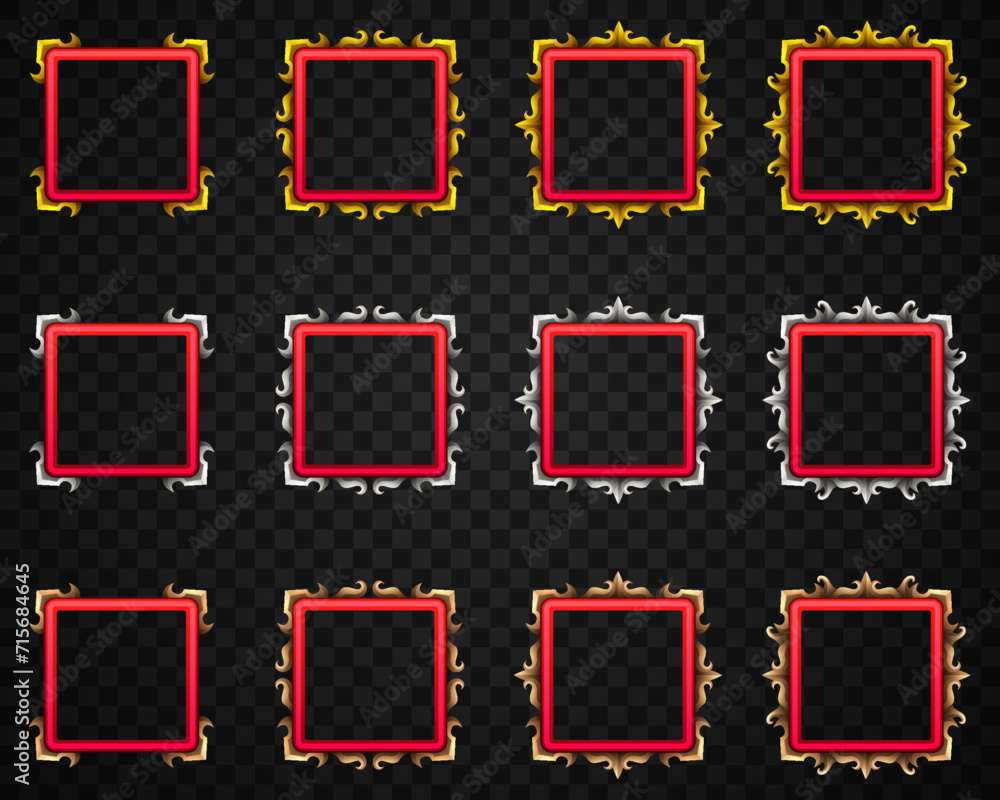 Poster red border fantasy square shape game avatar frame with gold, silver and bronze elements for game ui 