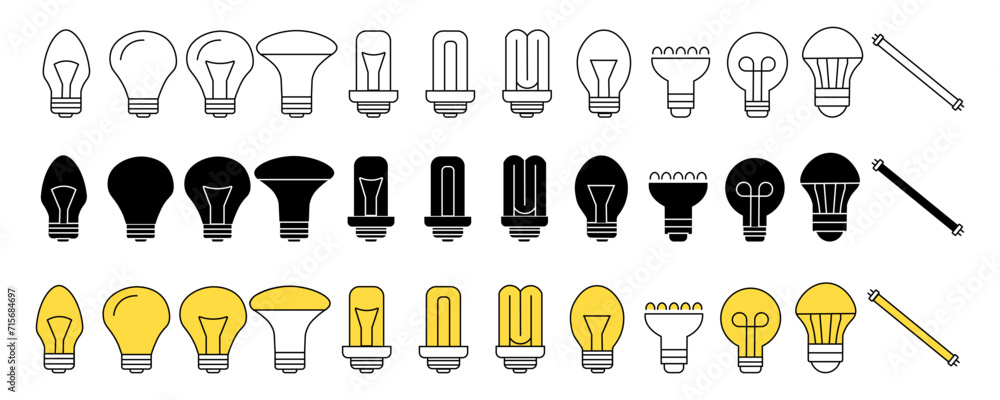 Poster light bulbs in different sizes and shapes, vector icons set. different types of light bulbs with dif