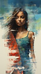 Dark skin surfer girl painting. Generative ai