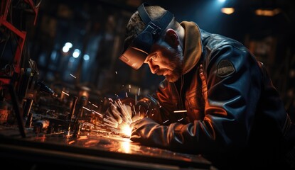 A determined welder works tirelessly through the night, clad in protective clothing, as sparks fly in the metalworking factory