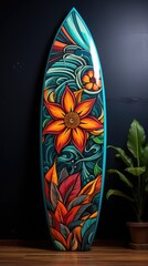 Decorated shiny surfboard against the black wall. Flower pattern design on the surfboard. Generative ai