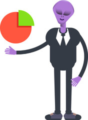 Alien Worker Character Holding Pie Chart
