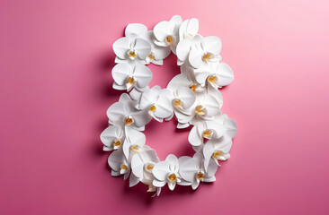 Figure eight of white orchids on a pink background for the International Women's Day holiday