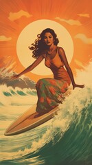 Desi surfer girl riding a wave. Asian Surfer girl retro vintage style painting. Generative ai - obrazy, fototapety, plakaty