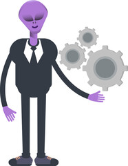 Alien Worker Character Holding Gears
