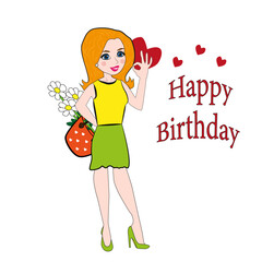 Felicitación de cumpleaños con mujer y ramo de flores.