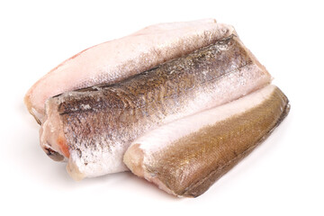 Uncooked frozen carcasses of Argentine hake, isolated on white background.