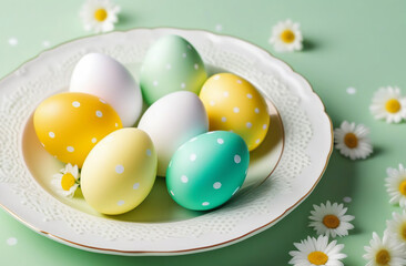 Obraz premium colorful Easter eggs on a white plate on a light green background with white flowers