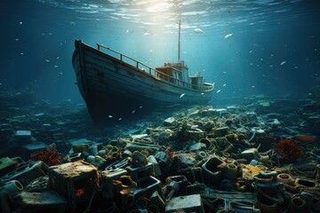 Fototapeta premium Exploring the depths, a scuba diver uncovers a shipwreck as a lone boat glides gracefully through the sparkling blue waters