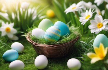 Fototapeta na wymiar Easter eggs in delicate pastel colors with white flowers, eggs in a nest, place for the text